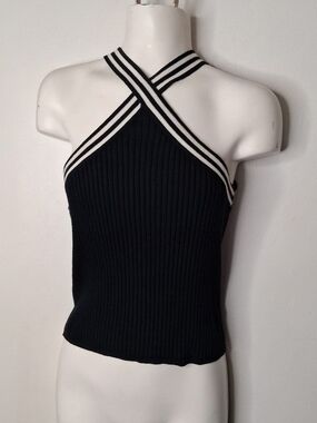 NEXT Black Ivory Ribbed Cross Halter Knit Top UK 12